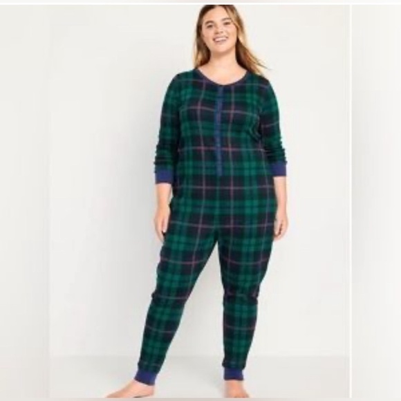 Old Navy Tartan Plaid Full Length Holiday Christmas One Piece Pajamas Onesie XL - Picture 2 of 6